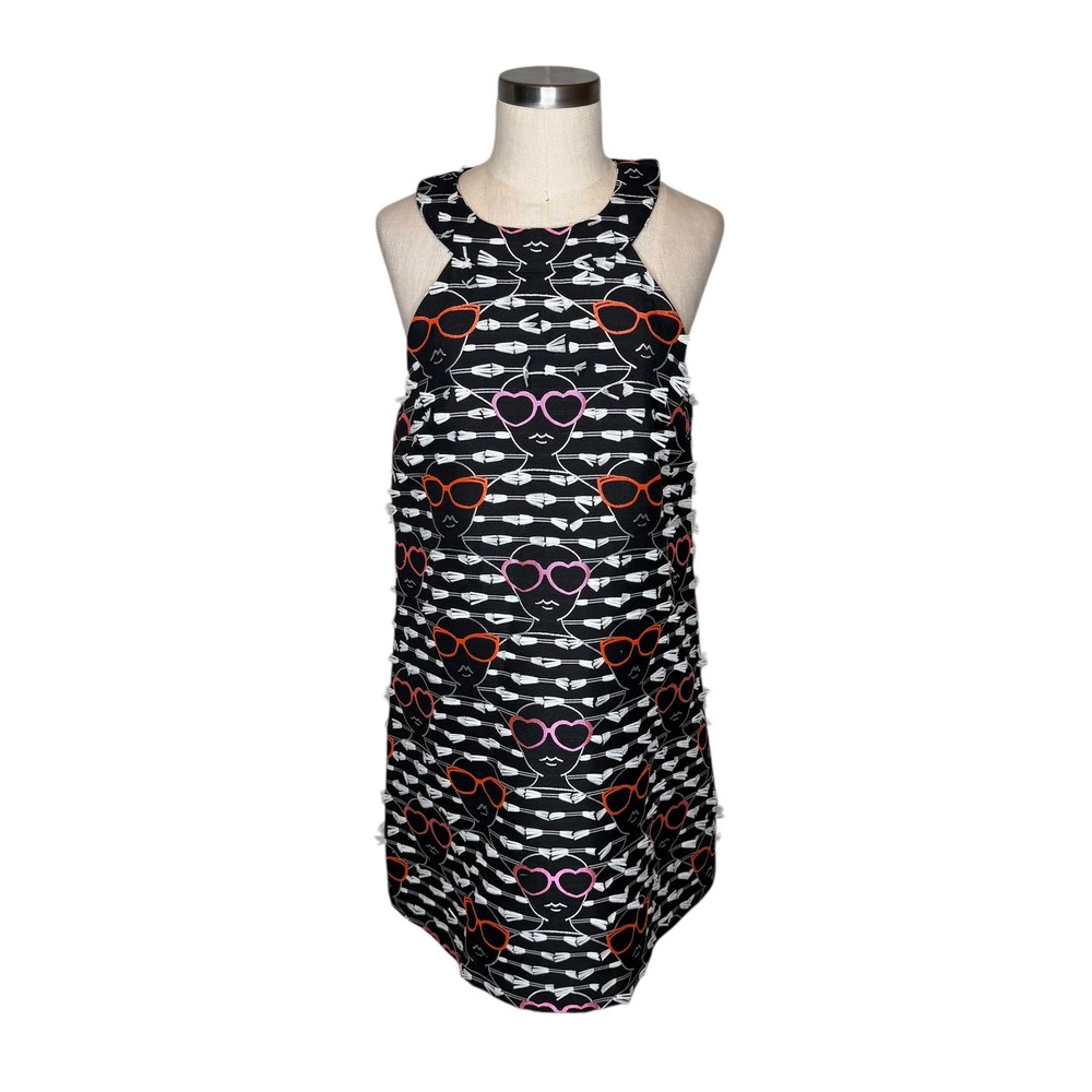 HUTCH Anthropologie Sunglasses Graphic‎ Print Fringe Shift Dress Black Pink Med